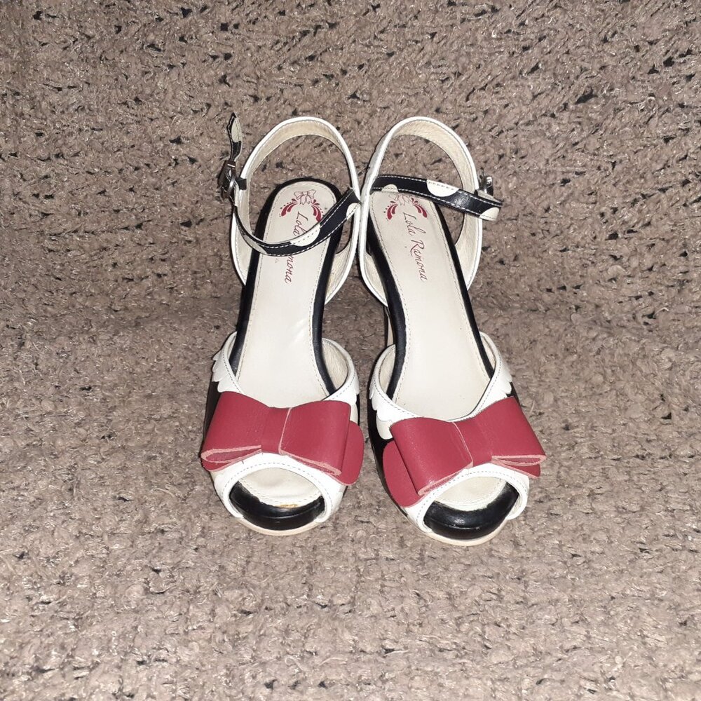 LOLA RAMONA-Angie-Rockabilly/Retro-Black/White Polka Dot-Red Bow-Sz 37-Excellent - Picture 3 of 8